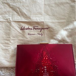 Authentic rare vintage Ferragamo red satin and crystal clutch with dust bag